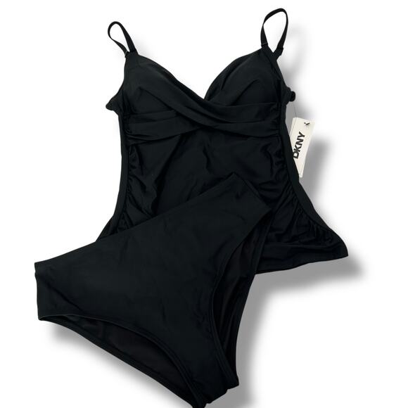 NEW DKNY Black Tankini Swimsuit Set Size Small / Medium Twist Front Mid Rise NWT - Picture 3 of 11
